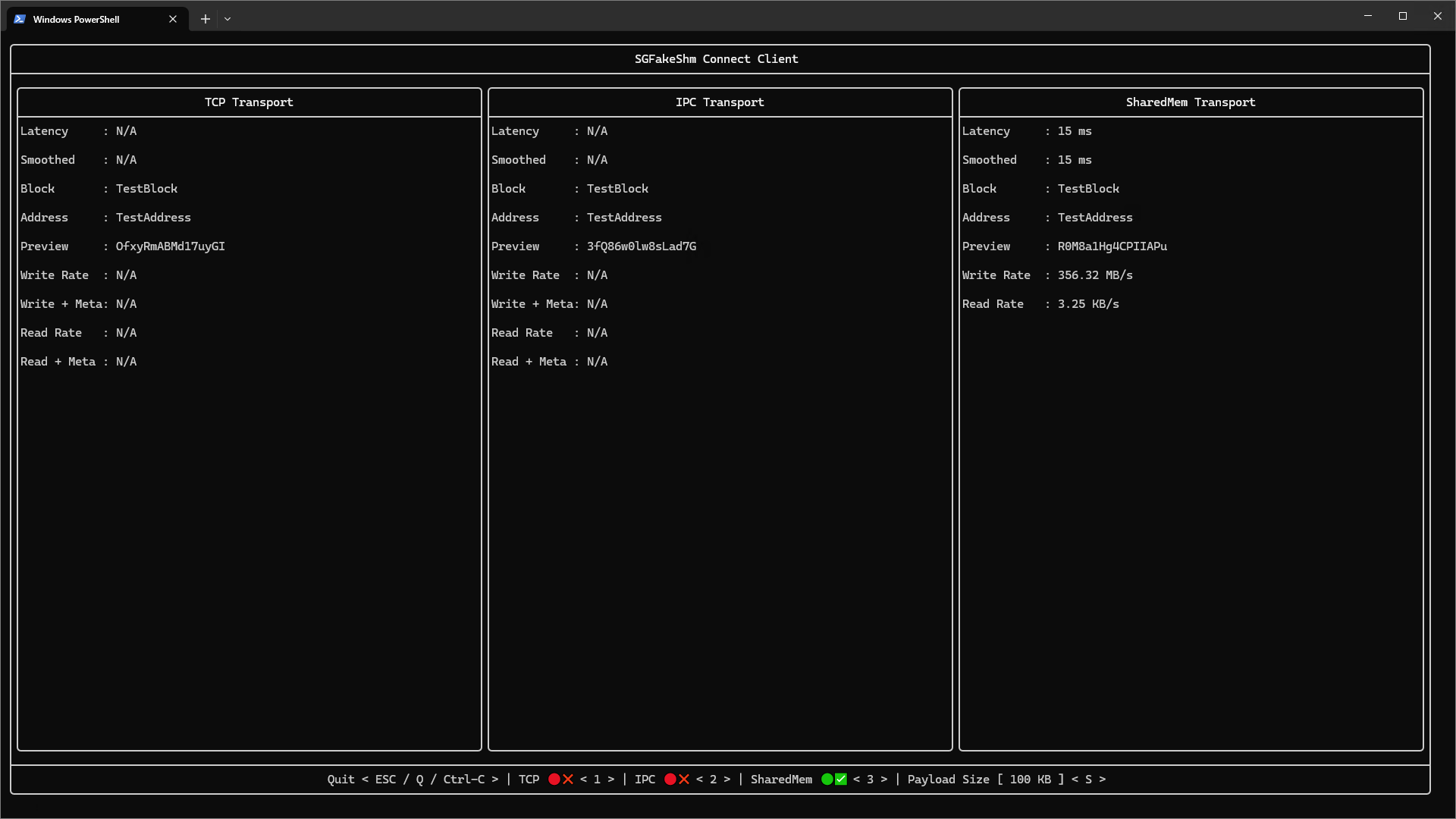 SGFakeShm Benchmarking and Tuning Utilities - sgfakeshm-connect-client running on Microsoft Windows