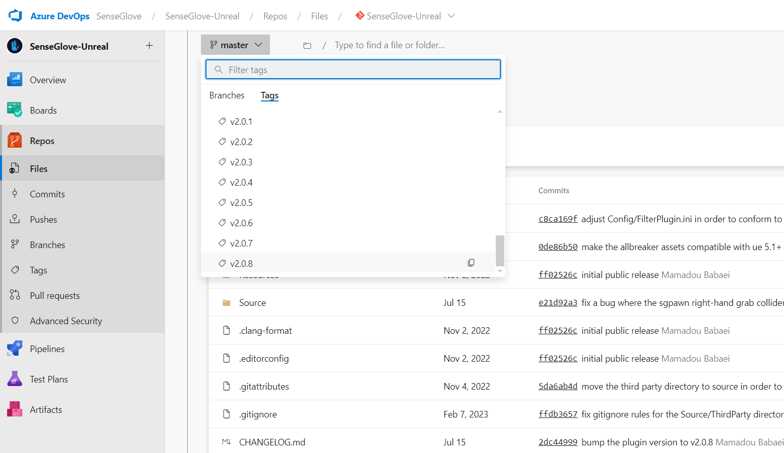 Plugin Installation via Microsoft Azure DevOps Repositories - Choosing a tag from the branch dropdown menu Plugin Installation via Microsoft Azure DevOps Repositories - Choosing a tag from the branch dropdown menu