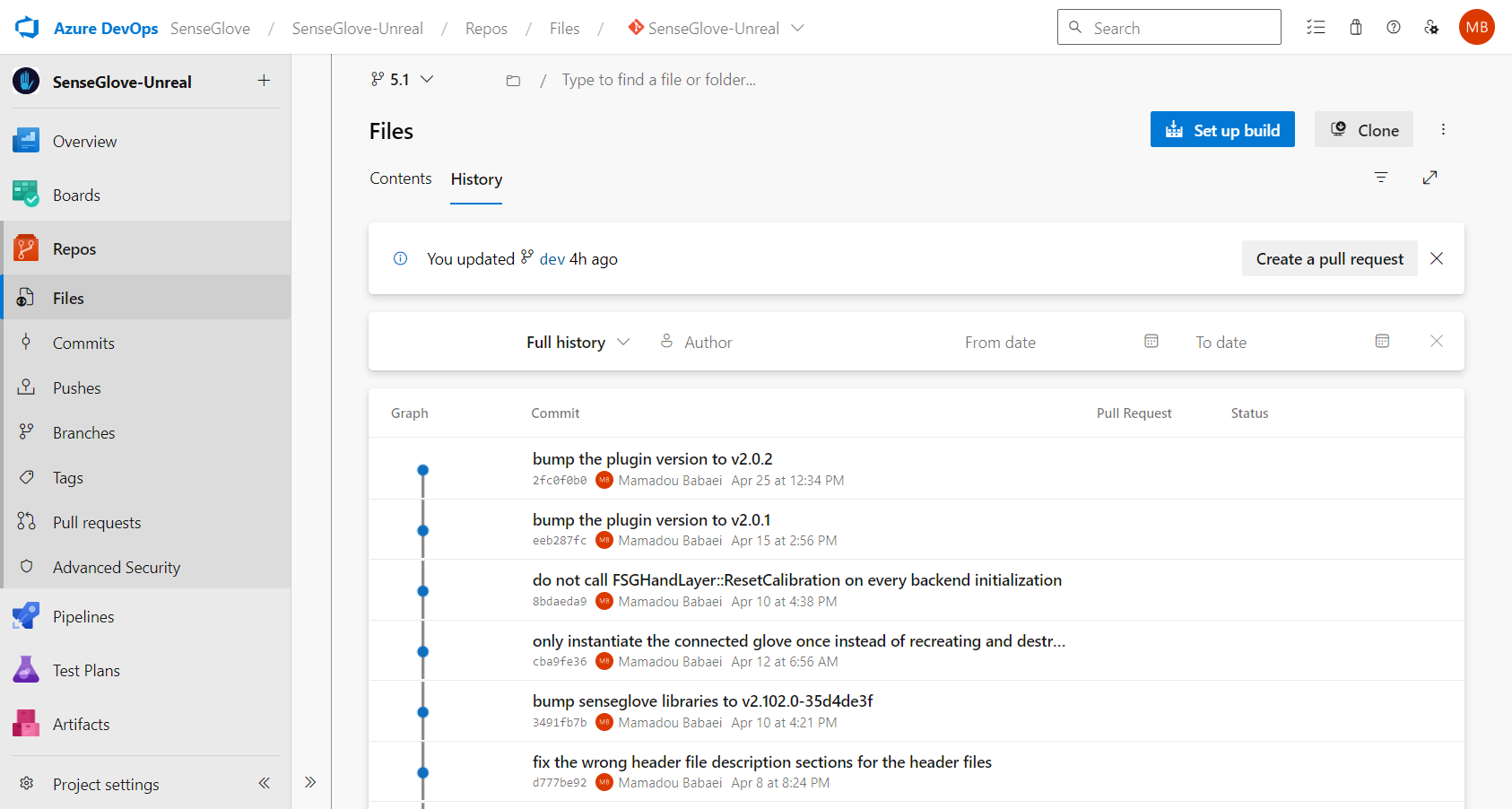 Plugin Installation via Microsoft Azure DevOps Repositories - Downloading a specific version for a specifc Unreal Engine version - History tab Plugin Installation via Microsoft Azure DevOps Repositories - Downloading a specific version for a specifc Unreal Engine version - History tab