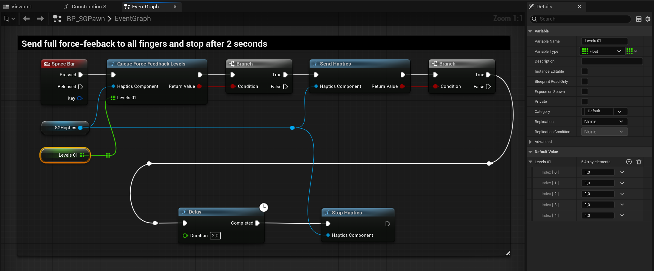 SGHapticsComponent - Blueprint example: Force-feedback